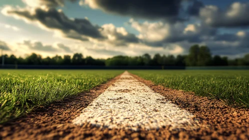 Sports field boundary line cuts through turf under clouds