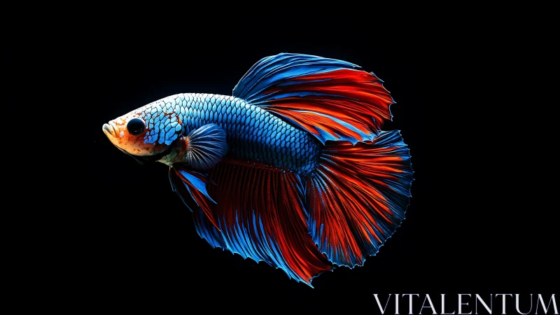 Vibrant blue and red betta fish on deep black background.