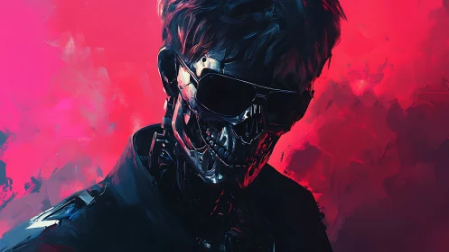 Cybernetic skull portrait under neon pink backlight.