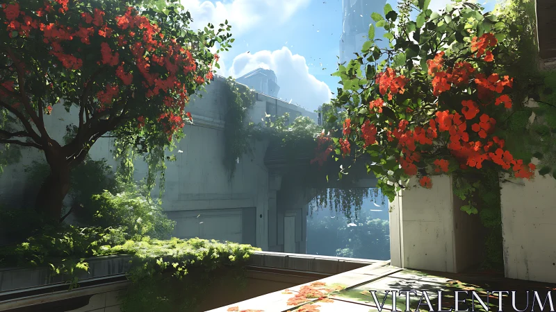 Modern concrete courtyard with dense red flowering plants.