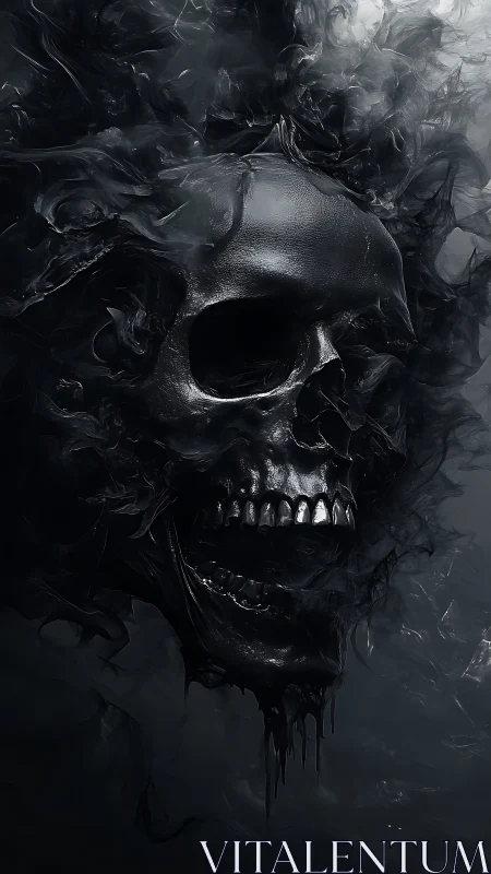Dark metallic skull dissolves into swirling black smoke