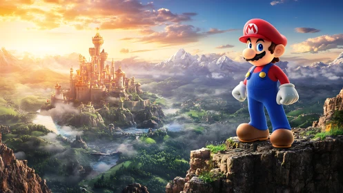 Heroic plumber overlooking luminous fantasy kingdom landscape.
