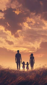 Silhouette of parents and children walking at warm sunset.