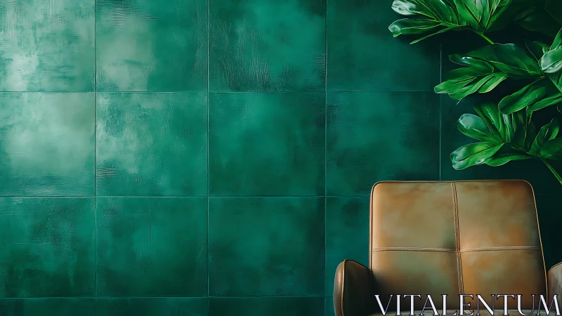 Mid-century leather armchair against textured green tiled wall