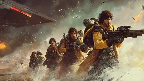 Sci fi strike squad storms burning battlefield under carrier.