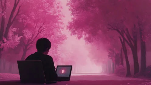 Solitary coder under neon pink forest canopy at dusk.