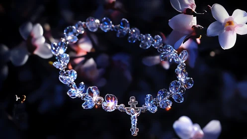 Crystal rosary bracelet suspended among soft blossoms.