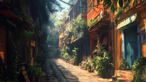 Narrow urban alley with plants and weathered building facades.