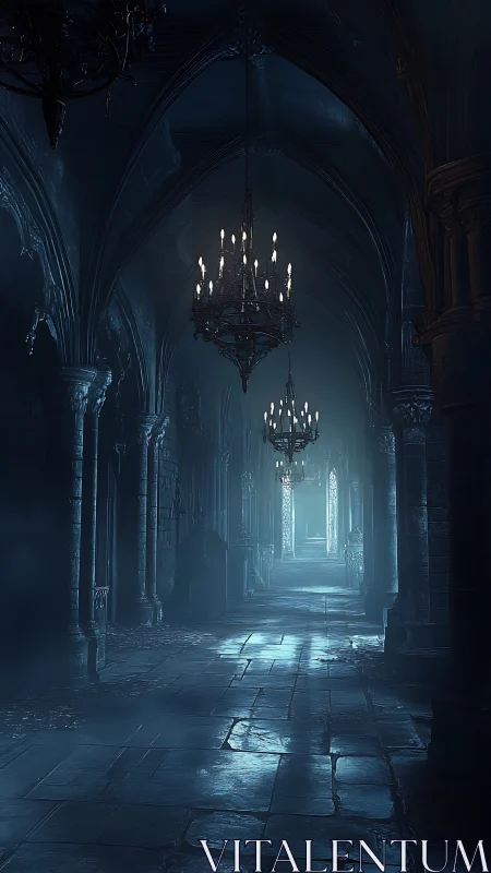 Gothic nave corridor with chandeliers in cold volumetric moonlight.