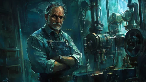 Veteran machinist in teal-lit industrial workshop portrait.