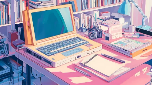 Retro laptop anchors pastel-toned creative studio desk scene.