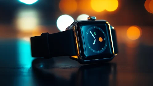 Sleek smart watch glowing softly in cozy city lights.