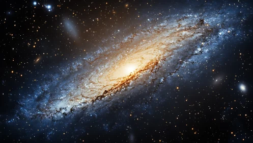 Spiral galaxy ignites a golden storm in deep cosmic velvet.