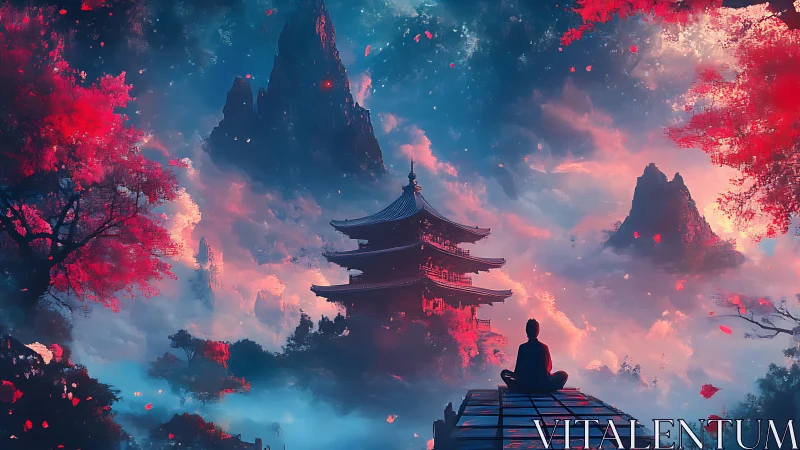 Tranquil mountain temple wrapped in dreamy sunset clouds.