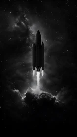 Midnight rocket launch rising through starlit cosmic clouds.