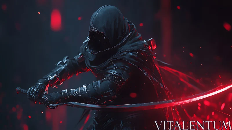 Hooded cyber assassin wields glowing red katana strike