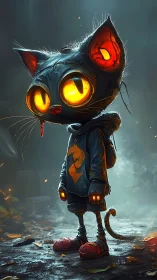 Cartoon cat character with glowing eyes stands in mist
