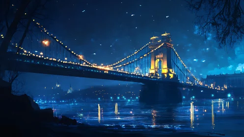 Luminous river bridge at night in deep cobalt hues.