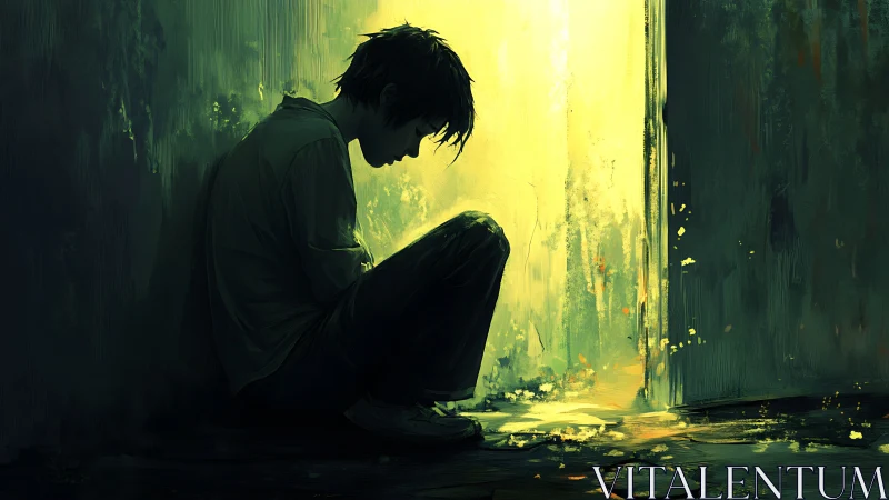 Silhouetted figure sits against wall beside bright doorway