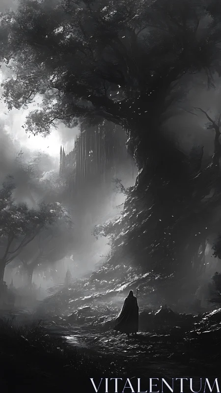 Solitary cloaked figure walks toward distant gothic citadel