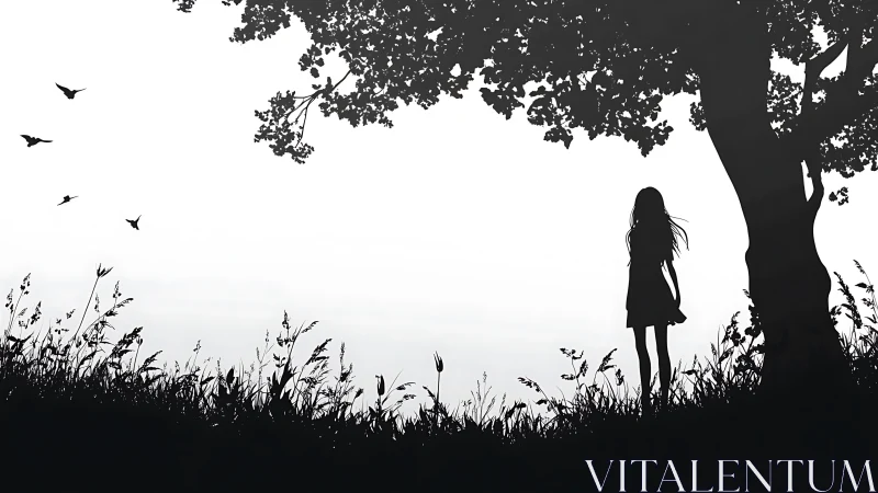 Silhouetted girl stands under lone tree beside windswept field