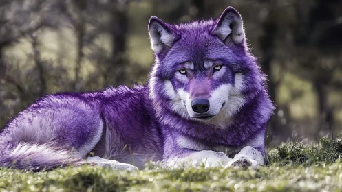 Violet wolf rests calmly on grass in soft forest light.