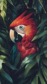Photorealistic scarlet macaw portrait framed by jungle foliage.