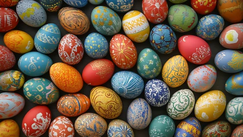 Kaleidoscope of painted Easter eggs in jubilant festival color.