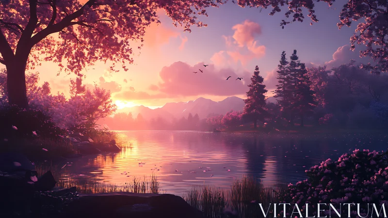 Sunset lake glows beneath cherry blossoms in tranquil bloom.