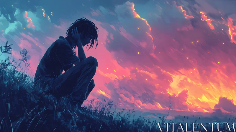 Silhouetted figure in contemplative pose under vivid sunset sky.