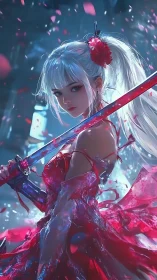 Silver haired anime swordswoman in red dress at night.