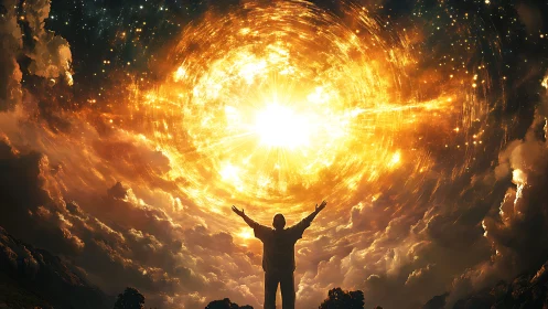 Silhouetted figure beneath large radiant celestial vortex.