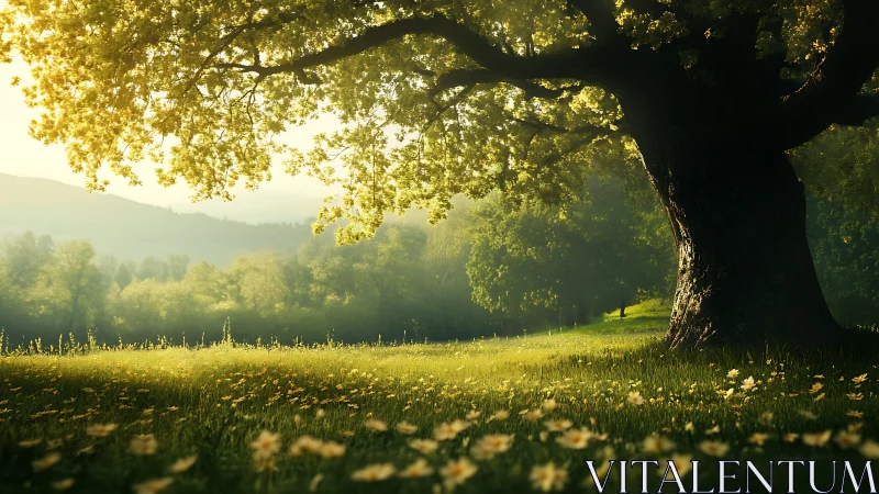 Golden light filters through an ancient tree over wild meadow