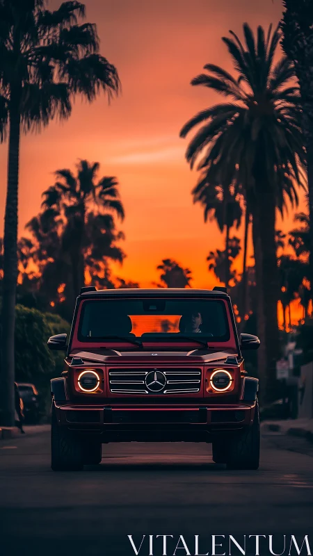 Red Mercedes G-Class SUV drives under palm trees at sunset