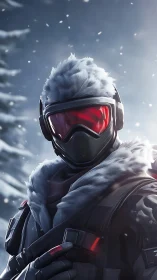 Futuristic winter soldier in visor stands in swirling snow.