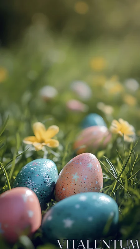 Sunlit meadow of pastel Easter eggs and soft spring joy.