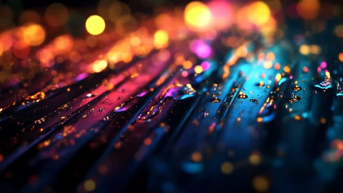 Neon raindrops skating across a prismatic night street.