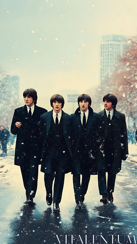 Four suited musicians walk through snowy city street.