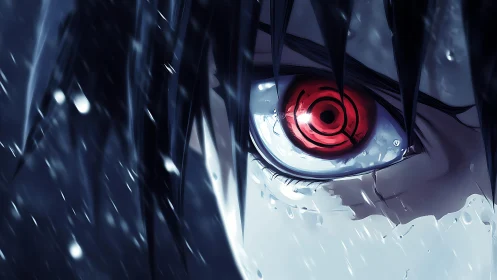 Close-up view shows stylized red eye in heavy rainfall