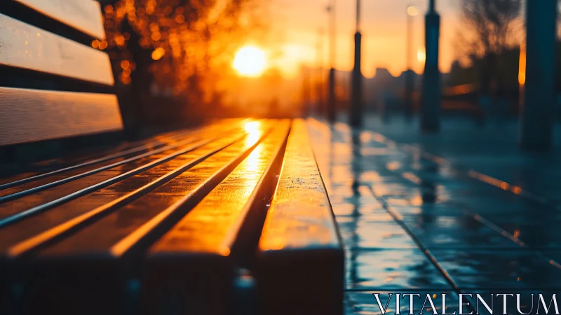 Sunlit bench lines melting into a glowing urban sunrise.