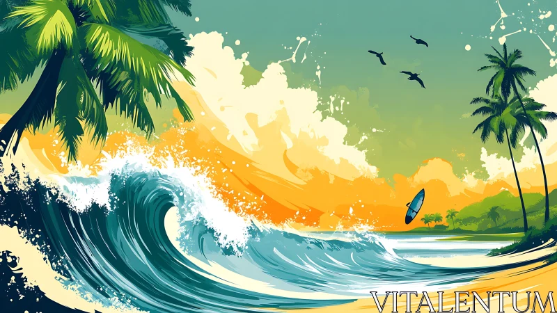 Colorful tropical surf wave with palm trees and birds at beach.