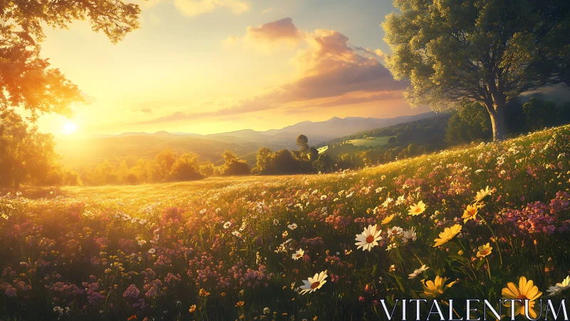 Sunlit wildflower meadow stretching toward distant hills.