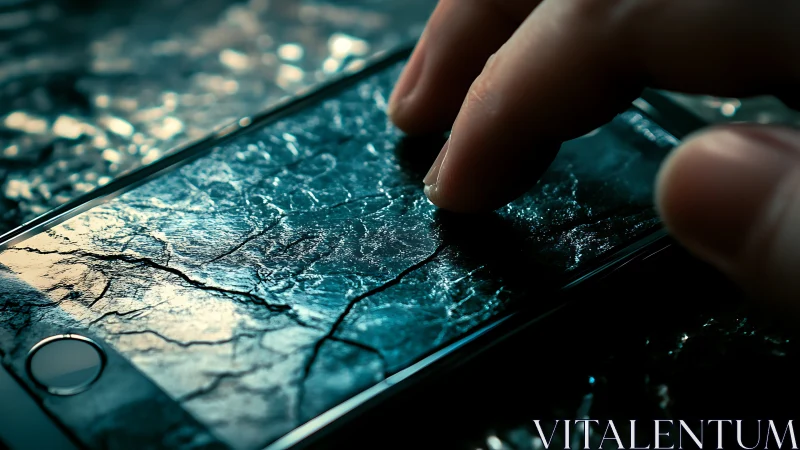 Close-up view of hand touching cracked smartphone screen.