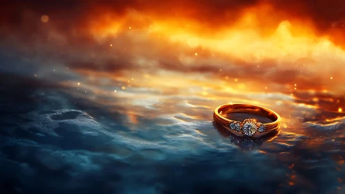 Golden ring resting between firelit sky and cool water.