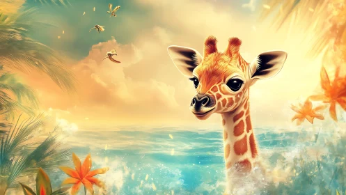 Sunlit baby giraffe wades through tropical dream tide.
