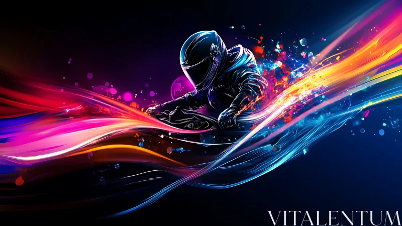 Neon motorcycle rider cuts through dynamic chromatic light streams