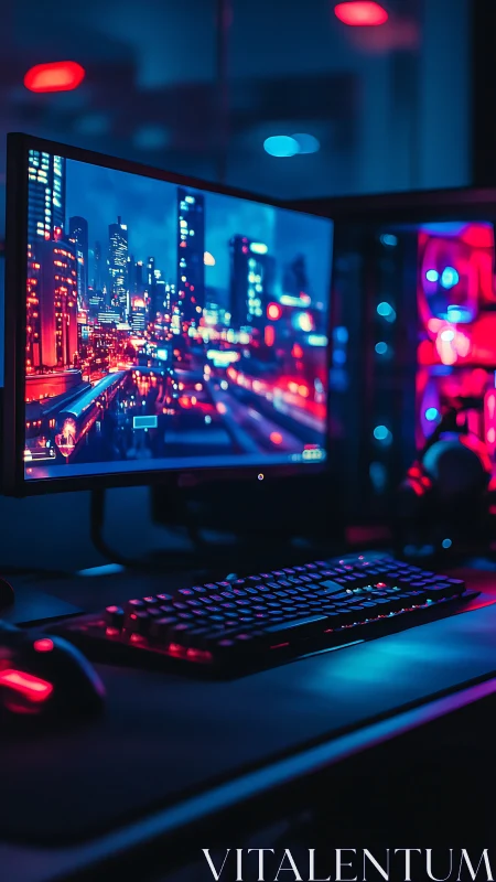 Cozy neon gaming desk glowing with city night lights.