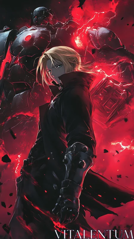 Anime warrior with metal arm stands before glowing red mech