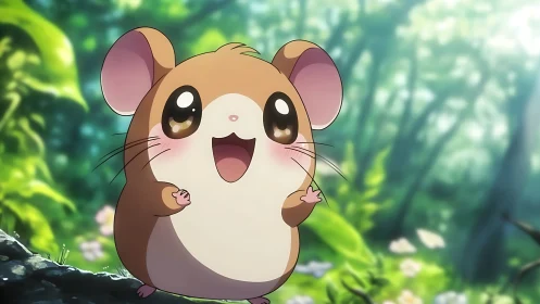 Chubby forest mouse beams with joy in glowing woodland scene.