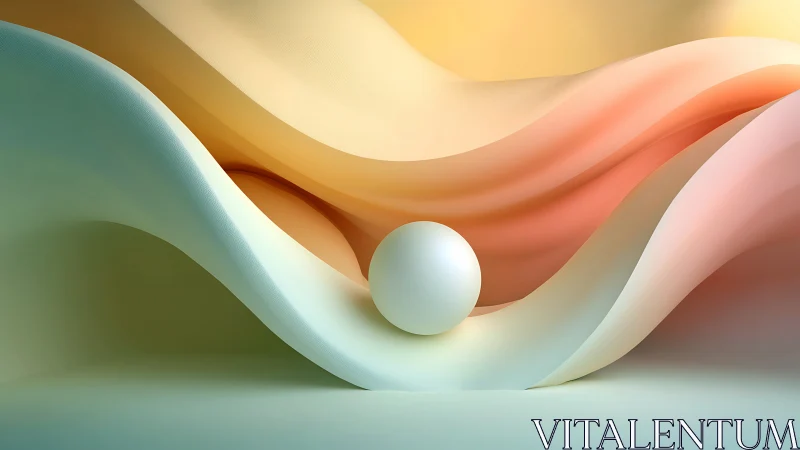 White sphere on pastel flowing 3D wave surfaces.